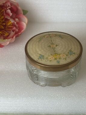 Vintage Art Deco Ribbed  Glass Trinket Jar with Floral Guilloché Lid